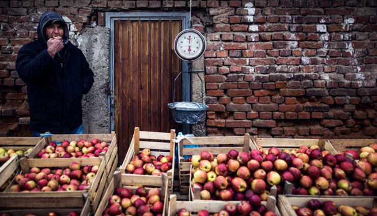 Prodavač voća jede jabuku na tržnici u Vučitrnu. Foto: Bleron Çaka