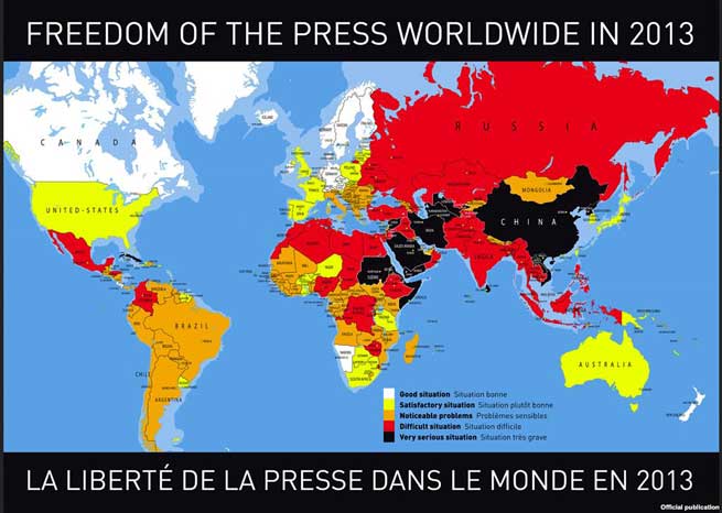 Indeks slobode medija u svetu za 2013. godinu organizacije "Reporteri bez granica"